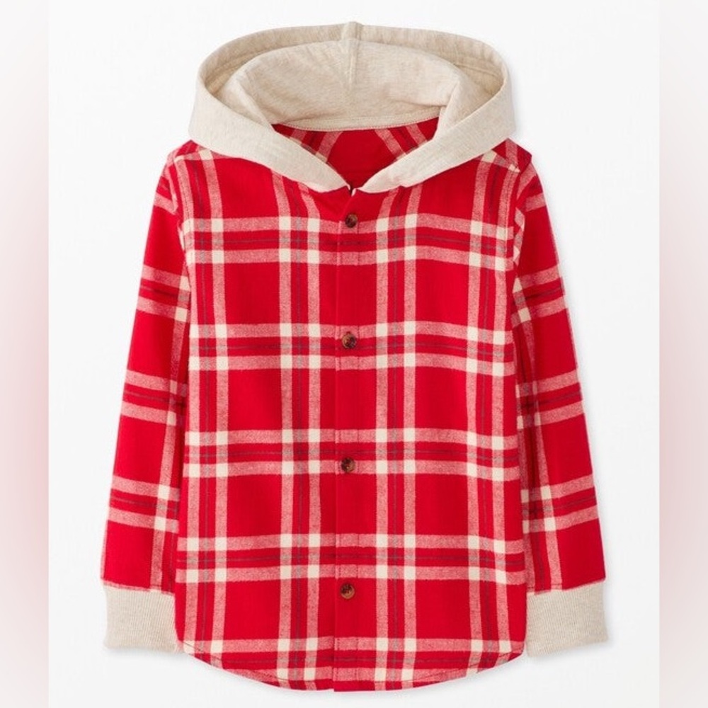 Hanna Andersson Red and Cream Plaid Hooded Button-Down Jacket